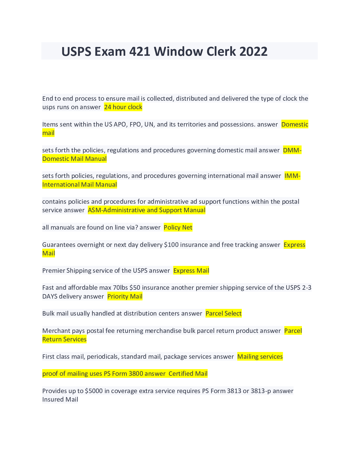 Preview image of USPS Exam 421 Window Clerk 2022 document